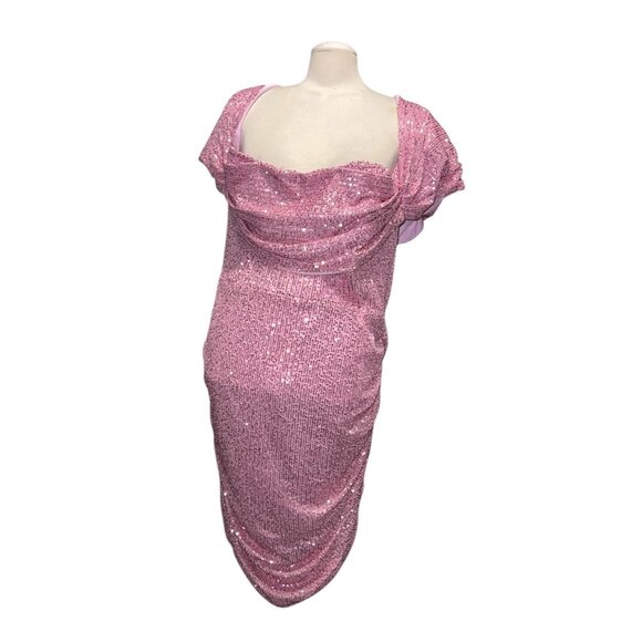 Pretty Little Thing Pink Sequin Ruched Mini Dress Open Back Sz 22 Womens - Picture 2 of 16